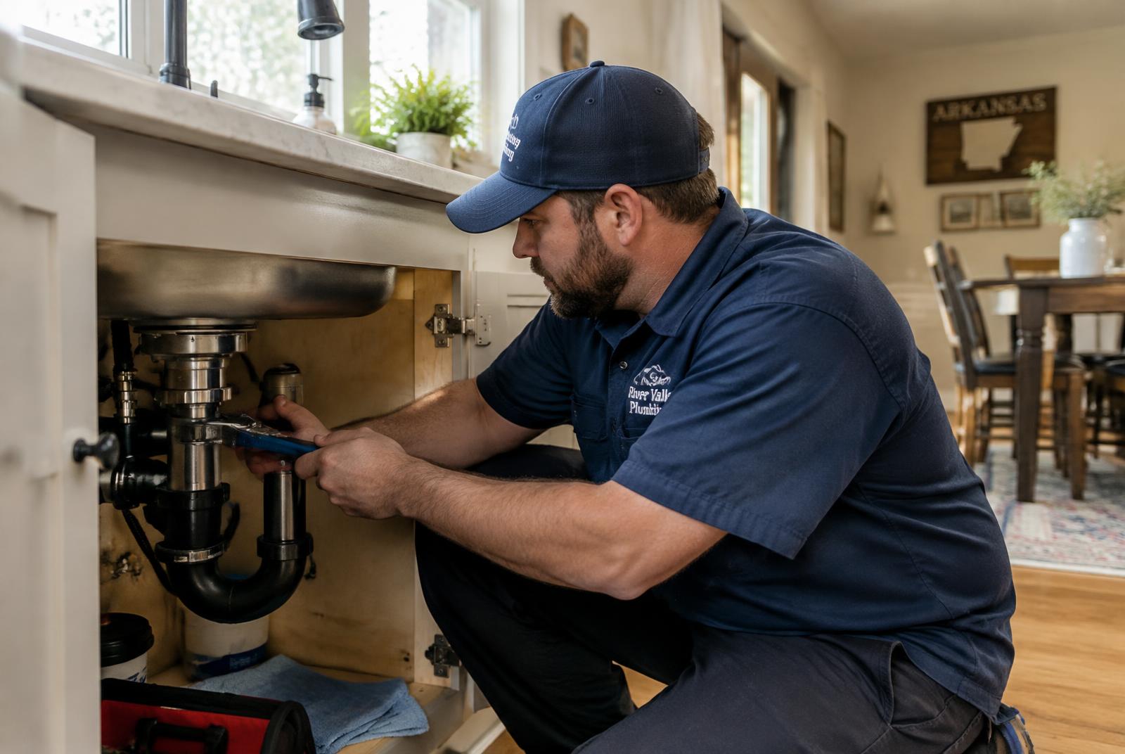 Sam's Plumbing technician repairing a kitchen sink drain in a Hensley, AR home